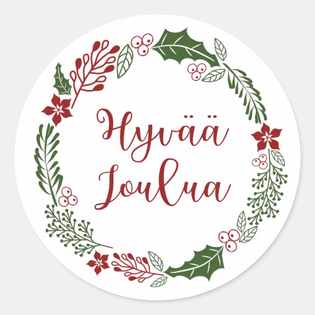 Finnish Merry Christmas Wreath, Hyvää joulua Classic Round Sticker (Front)