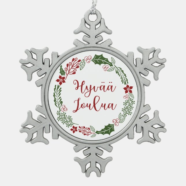 Finnish Merry Christmas Wreath, Hyvää joulua Snowflake Pewter Christmas Ornament (Front)