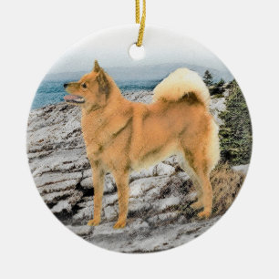 Finnish Spitz at Seashore Painting - Dog Art Ceramic Ornament