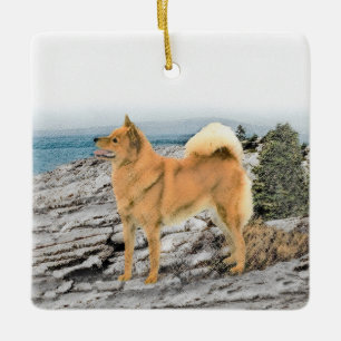 Finnish Spitz at Seashore Painting - Dog Art Ceramic Ornament