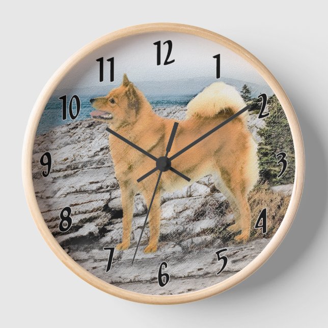 Finnish Spitz at Seashore Painting - Dog Art Clock (Front)