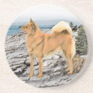 Finnish Spitz at Seashore Painting - Dog Art Coaster