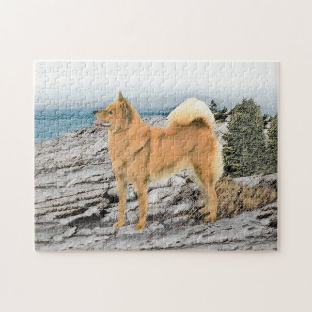 Finnish Spitz at Seashore Painting - Dog Art Jigsaw Puzzle (Horizontal)