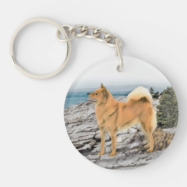 Finnish Spitz at Seashore Painting - Dog Art Key Ring (Front)