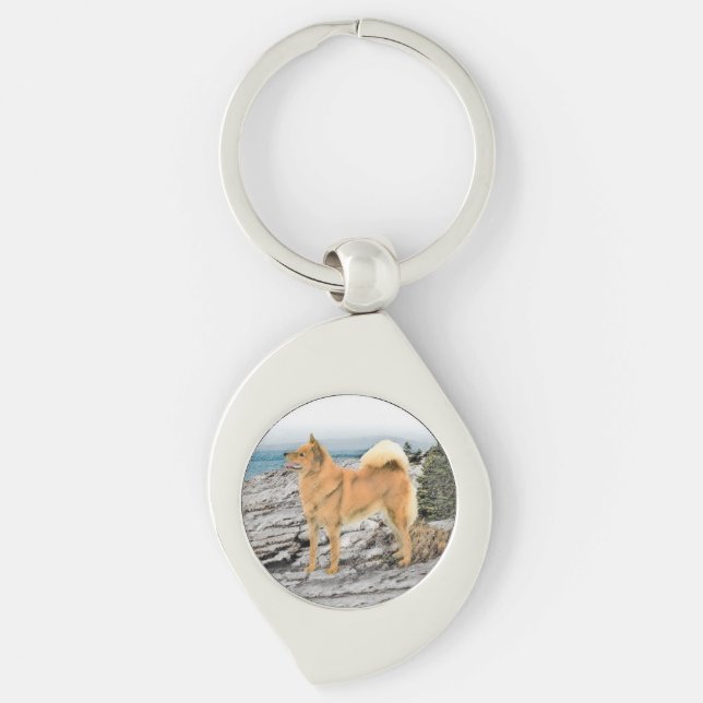 Finnish Spitz at Seashore Painting - Dog Art Key Ring (Front)