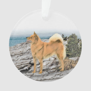 Finnish Spitz at Seashore Painting - Dog Art Ornament