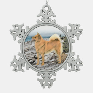 Finnish Spitz at Seashore Painting - Dog Art Snowflake Pewter Christmas Ornament
