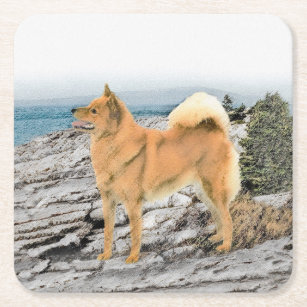 Finnish Spitz at Seashore Painting - Dog Art Square Paper Coaster