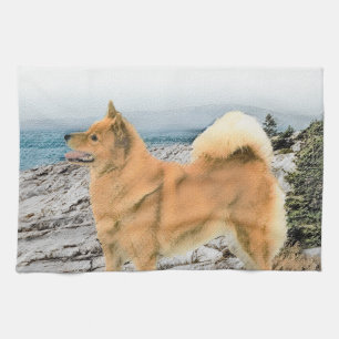 Finnish Spitz at Seashore Painting - Dog Art Tea Towel