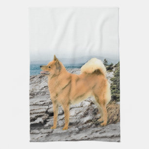 Finnish Spitz at Seashore Painting - Dog Art Tea Towel