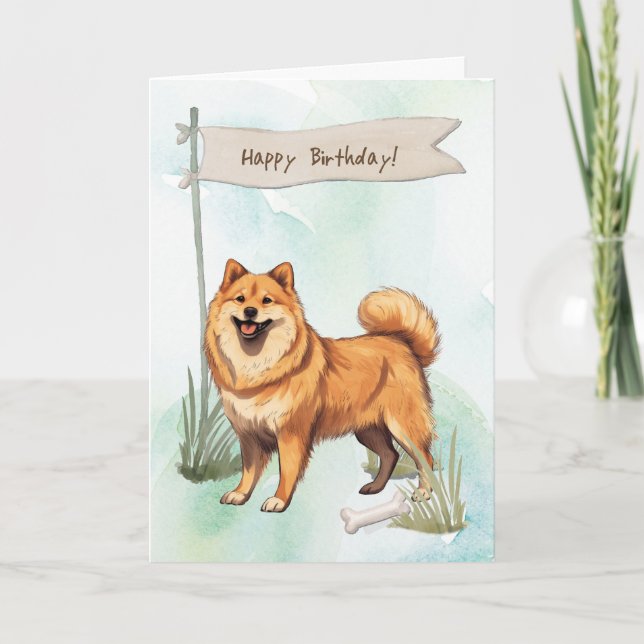 Finnish Spitz Dog Outdoors Under Birthday Sign Card (Front)