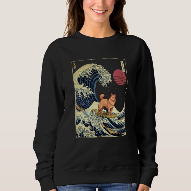 Finnish Spitz Japanese Kanagawa Wave  Surf Dog Sweatshirt (Front)