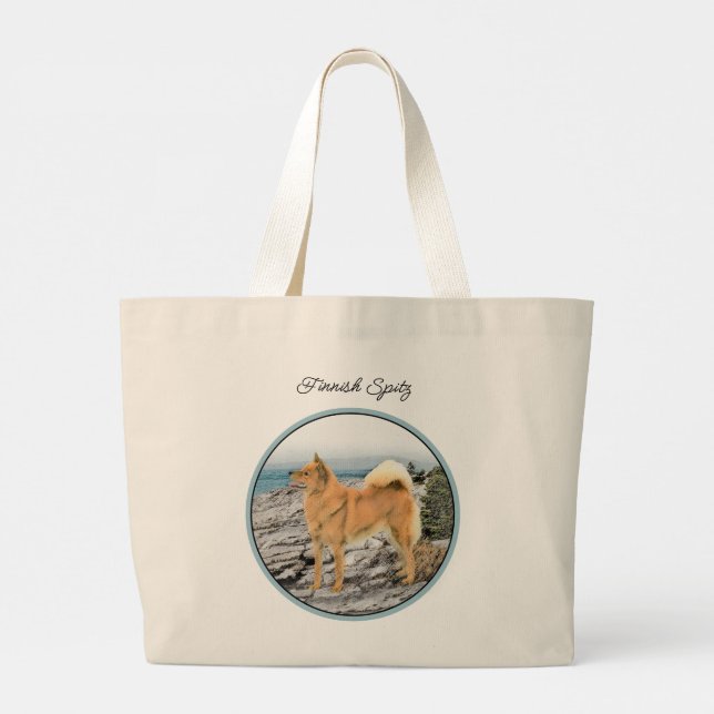 Finnish Spitz Seashore Painting Original Dog Art Large Tote Bag (Back)