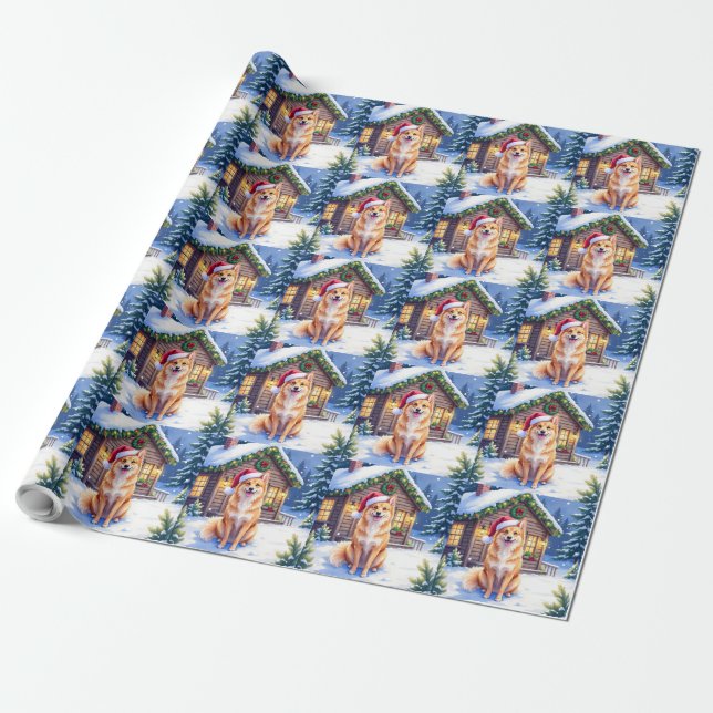 Finnish Spitz Snowy Cabin Santa Hat Christmas Art Wrapping Paper (Unrolled)