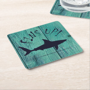 Fins Up Great White Shark Blue Wood Square Paper Coaster