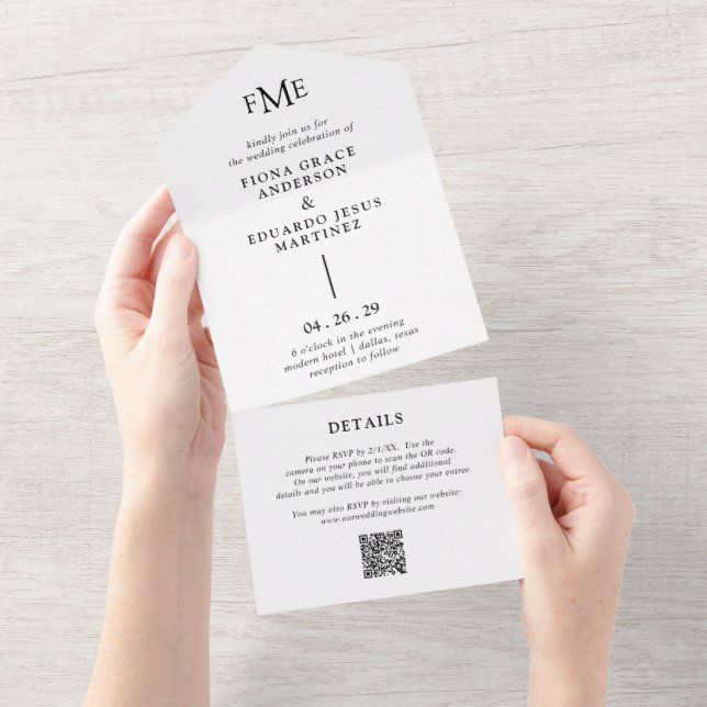 Fiona Black and White Bold Monogram Modern Wedding All In One Invitation (Tearaway)