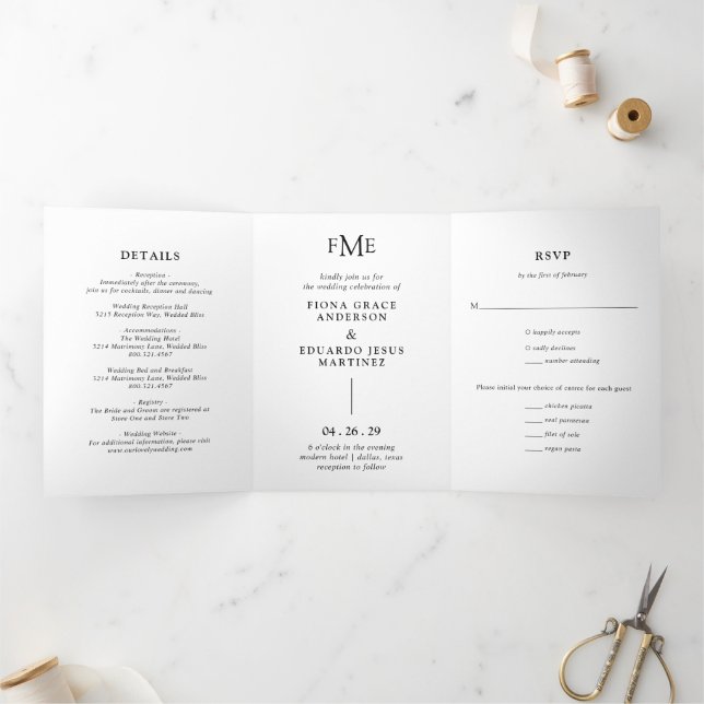 Fiona Black and White Bold Monogram Modern Wedding Tri-Fold Invitation (Inside)