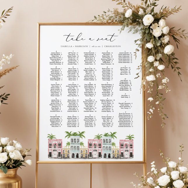 FIONA Charleston SC Rainbow Row Seating Chart (Charleston Inspired Rainbow Row Wedding Seating Chart Alphabetical )