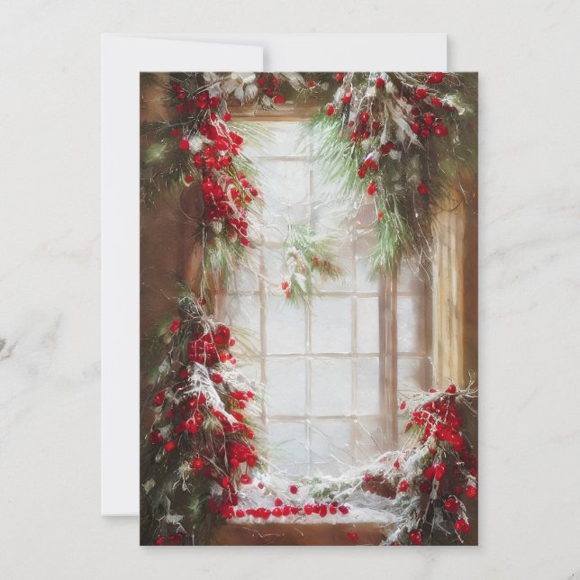 Fir and berries window budget Christmas Holiday Card (Front)