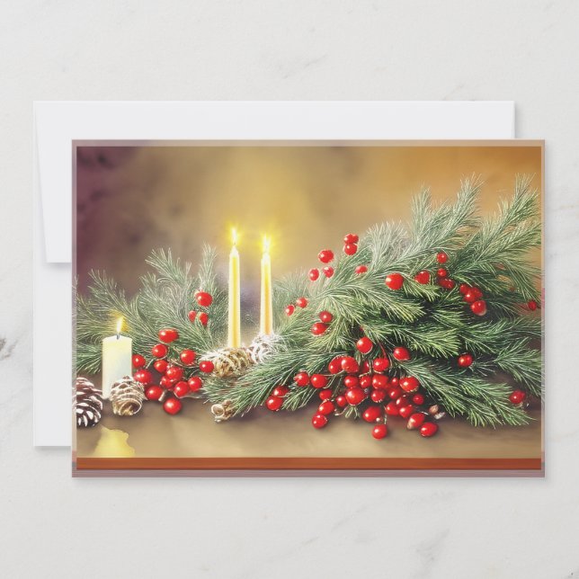Fir berries and candles budget Christmas Holiday Card (Front)