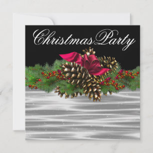 Fir Bough Pinecone Red Black White Christmas Party Invitation