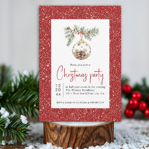 Fir branch with Christmas ornament party Invitation