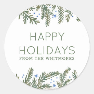 Fir Branches Happy Holidays Classic Round Sticker