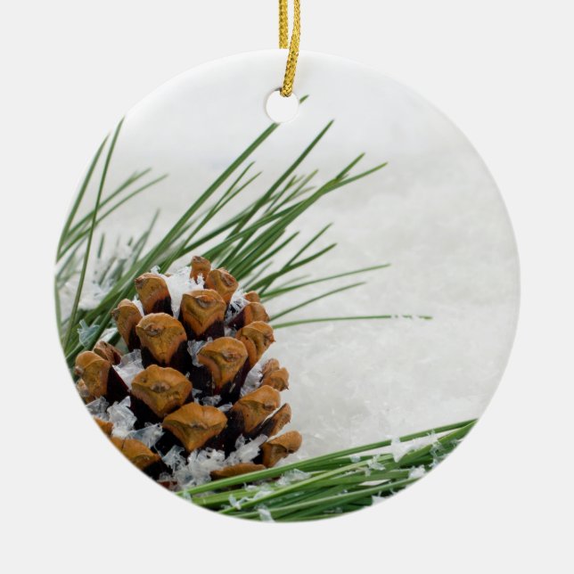 Fir Cone with Snow Flakes Round Christmas Ornament (Front)