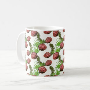 Fir cones and branches on white. coffee mug