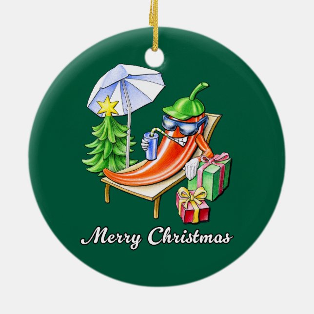 Fir Green Round Merry Christmas Chilli Ceramic Ornament (Back)