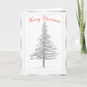 Fir Tree Sketch with Silver Snowflake Border Holiday Card