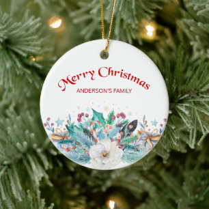 Fir Twigs And White Rose Ceramic Ornament