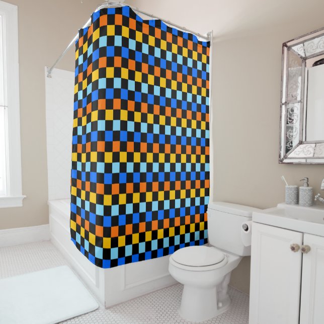 Fire and ice chequerboard pattern shower curtain (In Situ)
