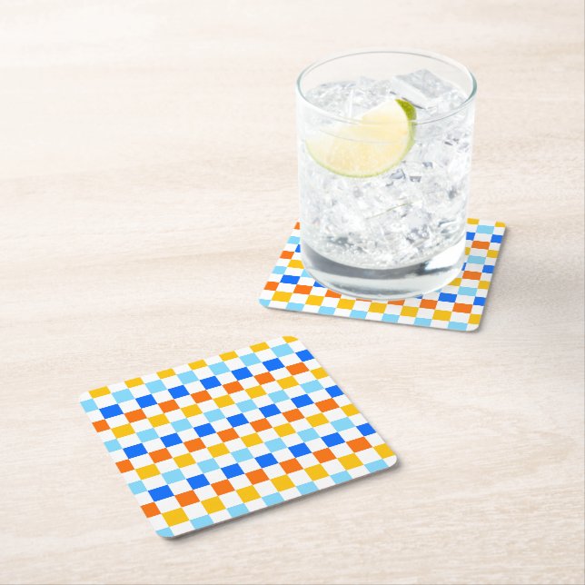 Fire and ice chequerboard pattern square paper coaster (Insitu)