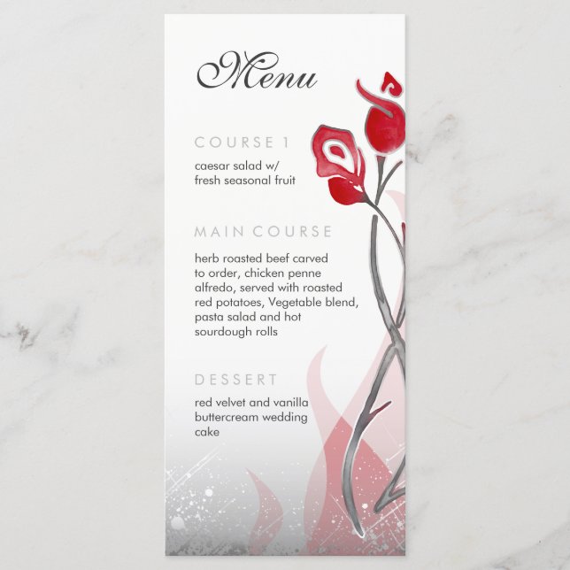 Fire and Ice Wedding Menu | Red Silver Roses (Front)