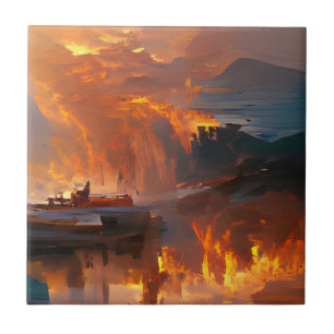 Fire and water digital art fantasy world ceramic tile