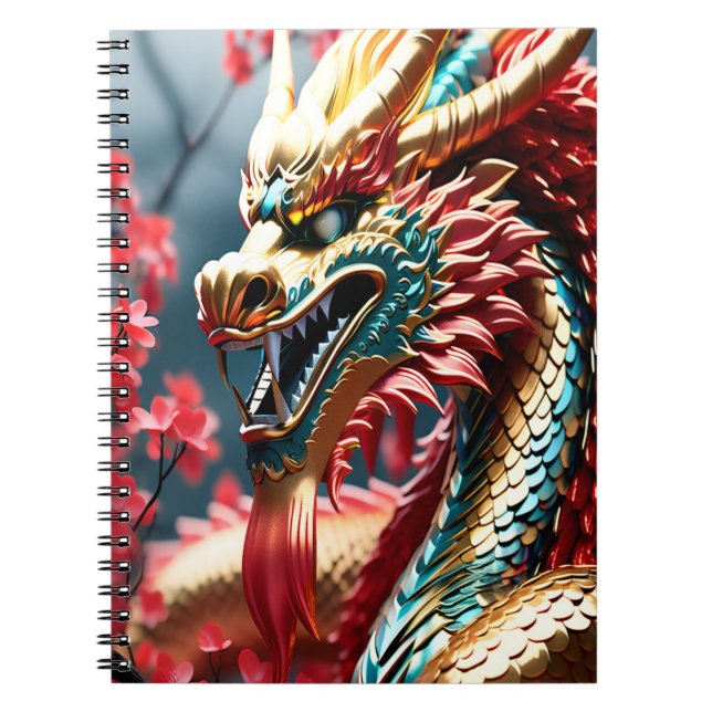 Fire breathing dragon gold blue and red scales notebook (Front)