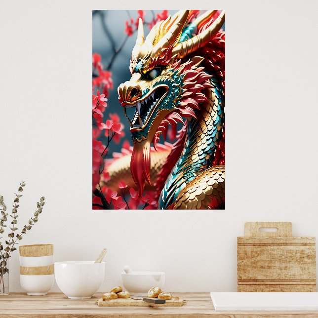Fire breathing dragon gold head poster (Kitchen)
