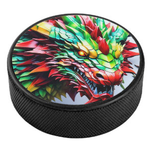 Fire breathing dragon Green And Red Hockey Puck