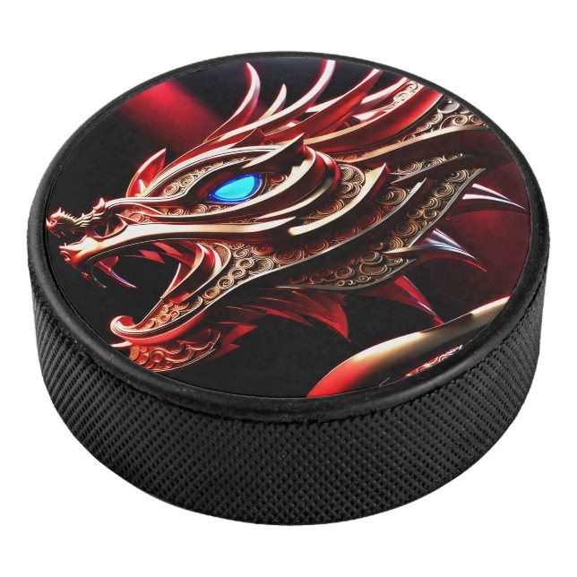 Fire breathing dragon red and gold scales hockey puck (3/4)