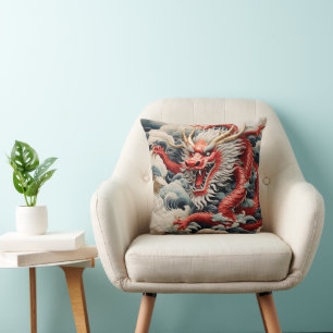 Fire breathing dragon red and white scale cushion