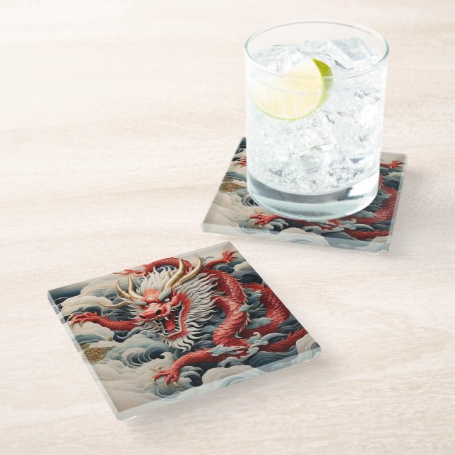 Fire breathing dragon red and white scale glass coaster (Angled)