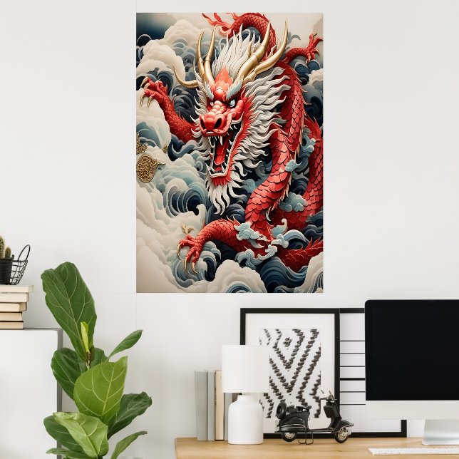 Fire breathing dragon red and white scale poster (Home Office)