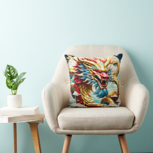 Fire breathing dragon red blue and gold scales cushion