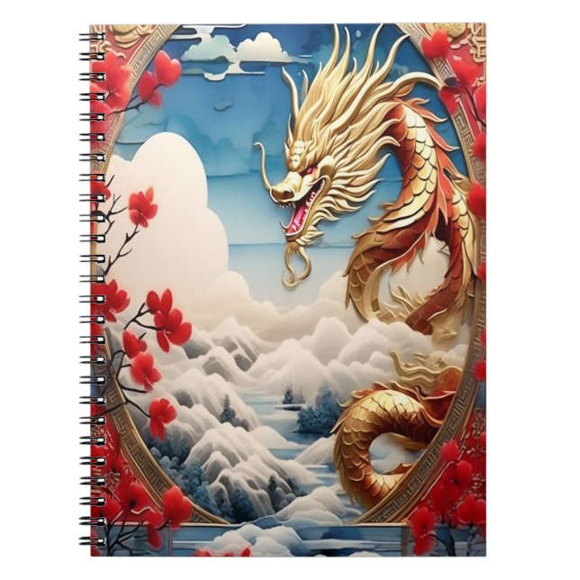 Fire breathing dragon red blue and gold scales notebook (Front)