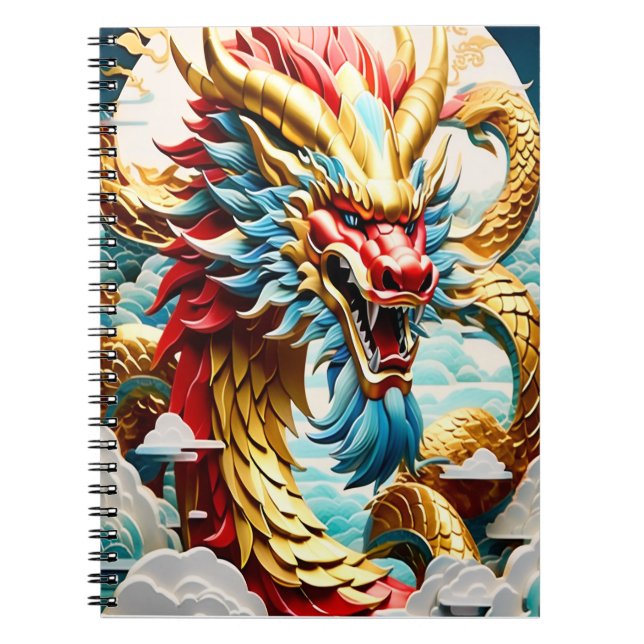 Fire breathing dragon red blue and gold scales notebook (Front)