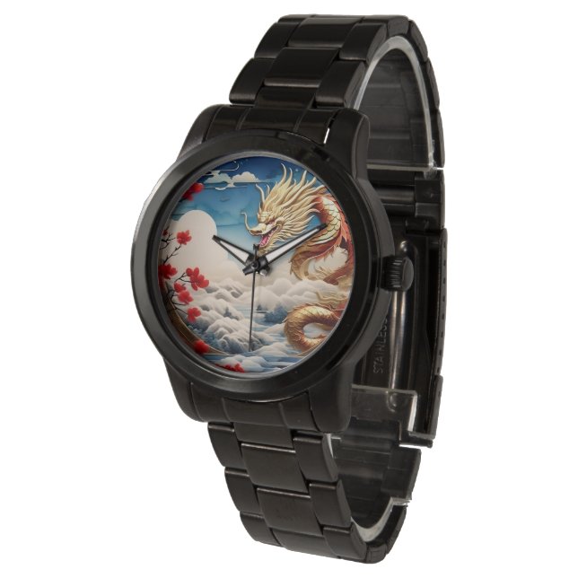 Fire breathing dragon red blue and gold scales watch (Angled)
