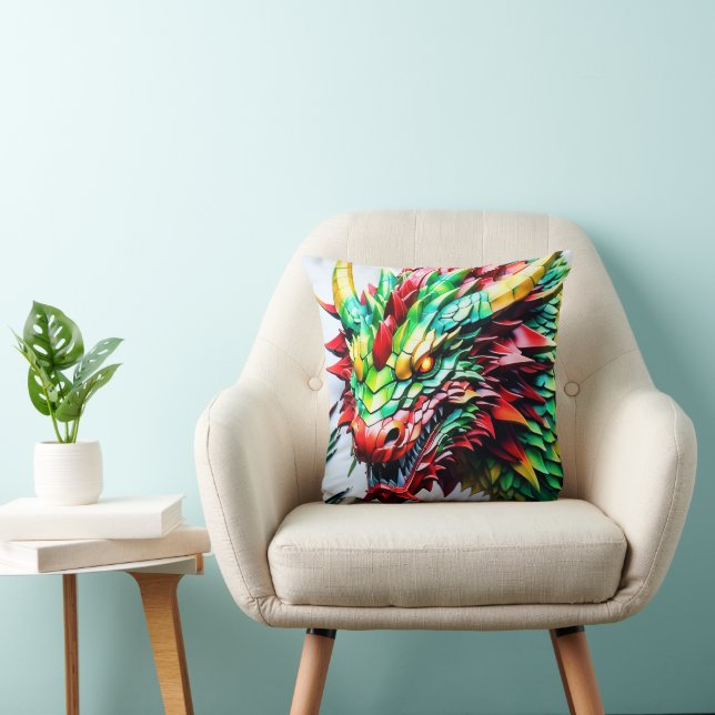 Fire breathing dragon red, green, and yellow scale cushion (Chair)