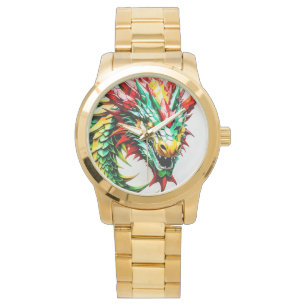 Fire breathing dragon red, green, and yellow scale watch