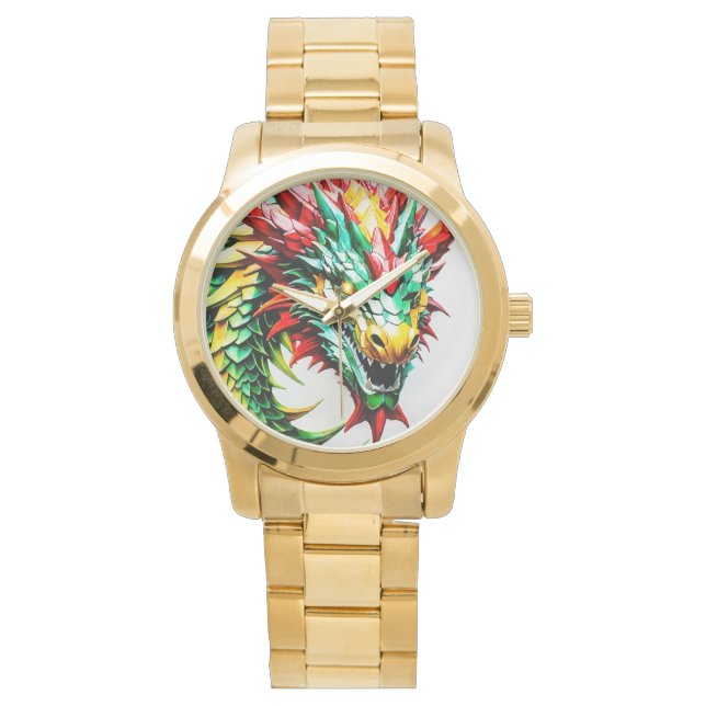 Fire breathing dragon red, green, and yellow scale watch (Front)